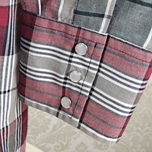 Ely Cattleman Size XL Western Shirt Red/Black/Gray Plaid Pearl Snaps Long Sleeve - Picture 6 of 13